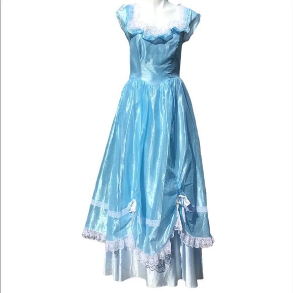 Alicia Milkmaid Style Dress Vintage Blue Satin Lace Trim Off Shoulder Maxi Dress